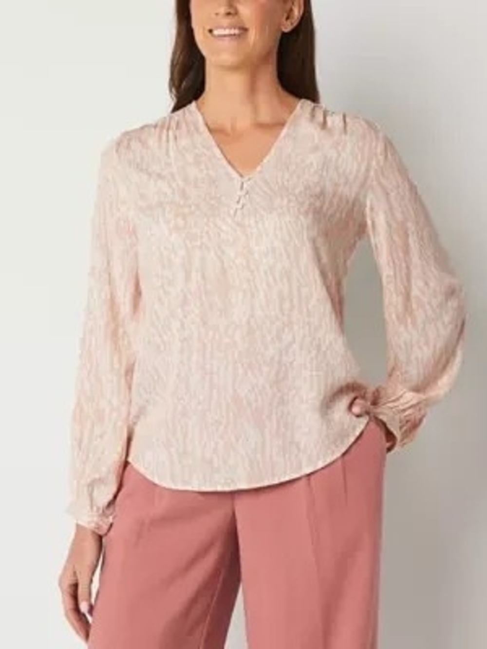 Liz Claiborne Pale Pink V-Neck Long Sleeve Blouse